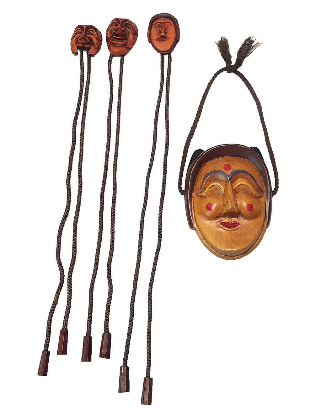 Vtg Korean Hahoe Hahoetal Wooden Bune Punae Mask & 3 Resin Yangban Bolo Neckties